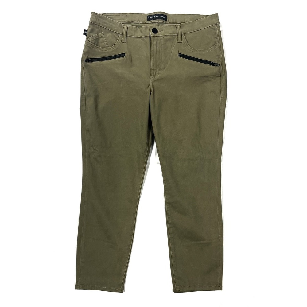 Rock & Republic Kashmiere Crop Womens 16 Olive Green Moto Zipper Pants R210635